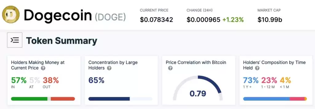 Краткое описание токенов Dogecoin (DOGE) и их держателей. Источник: IntoTheBlock