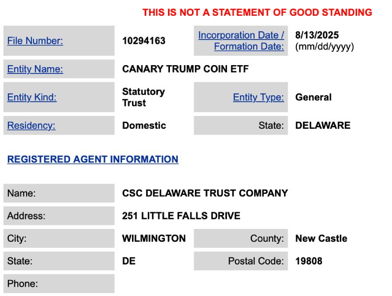 Информация о регистрации Canary Trump Coin ETF