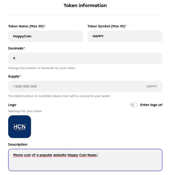 Интерфейс панели создания мемкоинов на площадке Coin Factory